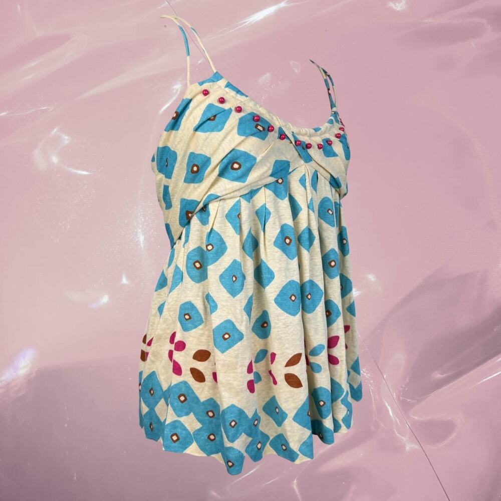 Y2K Cottage core Diane von Furstenberg blue and pink top with pink beads size M